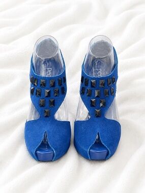 Pedro Garcia Blue Suede Studded Peep-Toe Mules